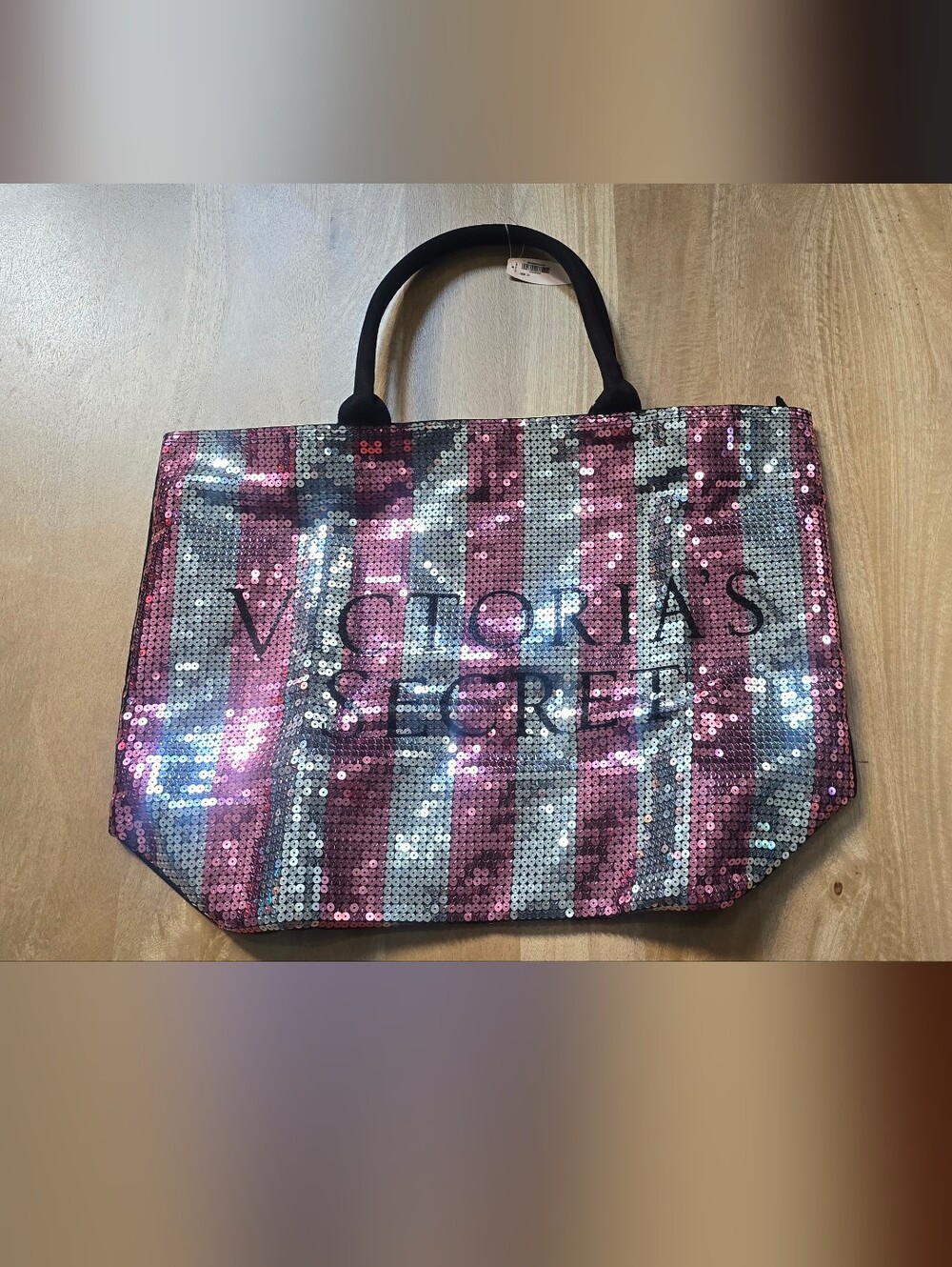Victoria's Secret Sequin Stripe Large Tote Bag New in Package Pink Silver Bling